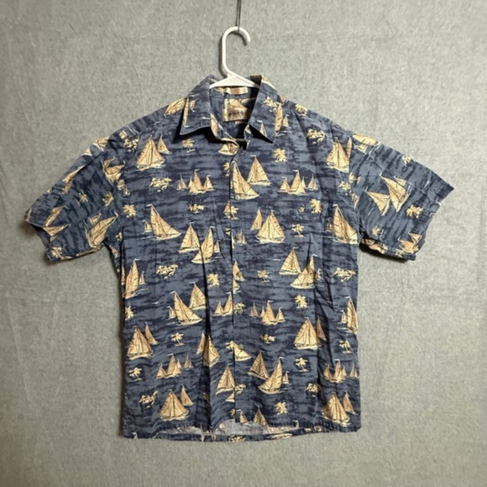 Campia Moda Mens Sailboat Palm Tree Cotton Short Sleeve Button Down Shirt Blue